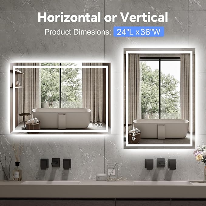 LED Bathroom Mirror 24x36 Inch Anti-Fog Bathroom Mirror with Lights, Wall Mounted Lighted Vanity Mirrors, Dimmable, Backlit + Front Lit, Smart Bathroom Vanity Mirror with 3 Colors Temperature