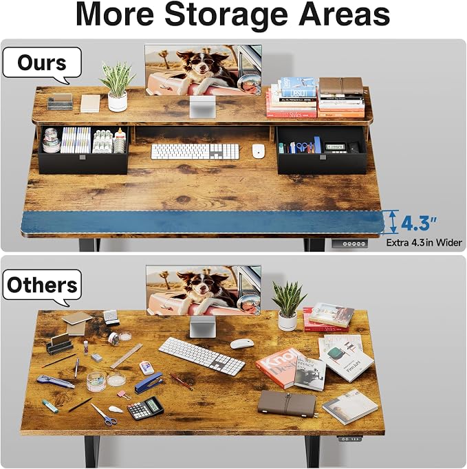 Veken 47x28 in Electric Standing Desk with Drawers, Adjustable Table, Brown | Stand up Computer Desk for Home Office, Work & Study, with Storage, 3 Memory Presets, Cable Organizer, Hook, and Quiet Lift.