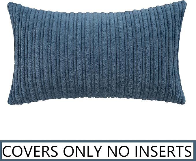 UGASA Velvet 12x20 Inch Lumbar Soft Throw Pillow Cover Boho Farmhouse Decorative Corduroy Striped Both Sides Solid Rectangular Cushion Case for Couch Bedroom Sofa Home, 1 Piece, Dusty Blue