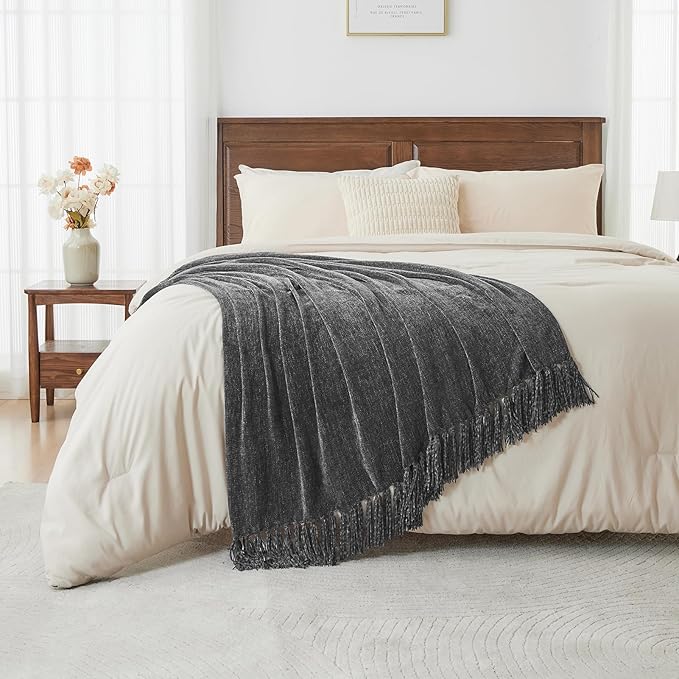 CozeCube Chenille Throw Blanket, Charcoal Grey Fringe Blanket, 50"X60" | For Couch, Cozy Plush Fuzzy Decorative Blanket with Fringe Tassels, Lightweight Throws for Bed Sofa Gift Home Decor