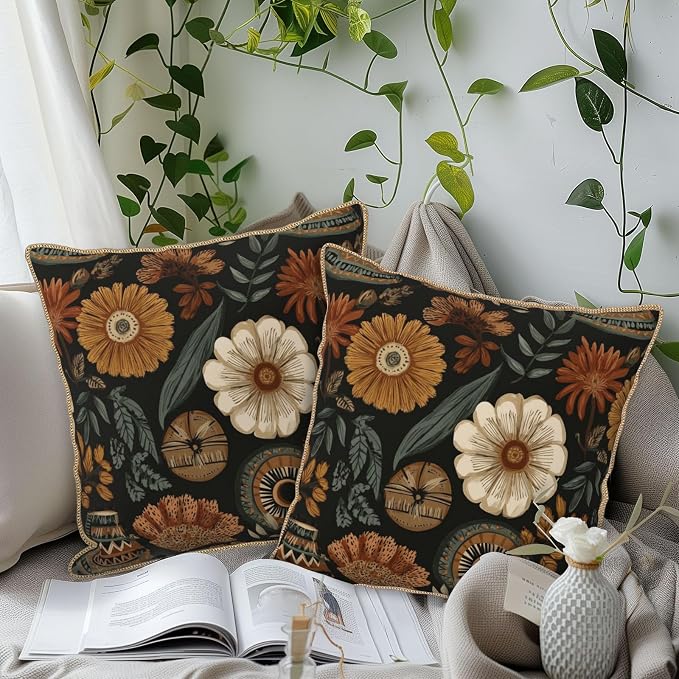 KSLIDS Boho Flower Soft Velvet Throw Pillow Covers Set of 2 Modern Abstract Retro Bohemian Flower Decorative Pillow Covers 16x16 Inch Mid Century Tropical Leaves Pillow Case for Sofa Couch Home Decor