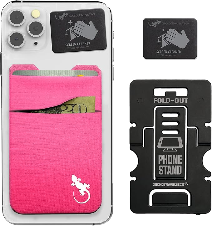 Gecko Travel Tech Double Pocket - Adhesive Card Holder - Cell Phone Pouch - Stick on Spandex Pocket - Carry Credit Cards and Cash (PINK-WHITE)