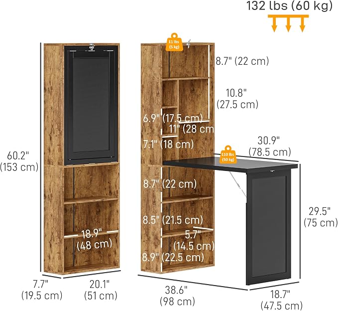 HOMCOM Foldable Desk Wall Mounted Convertible Table, Rustic Brown | Wall Mounted, Space-Saving, Chalkboard, Storage Shelves, for Small Spaces, Home Office, Bedroom, Dorm, Apartment
