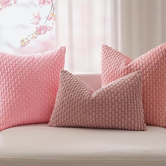 Kevin Textile Soft Corduroy 14"x24" Lumbar Pillow Cover 1 Pack, Pink | Boho Stripe Plush Corduroy Decorative Oblong Cushion Cover Modern Farmhouse Home Decor for Sofa Couch Bed Chair