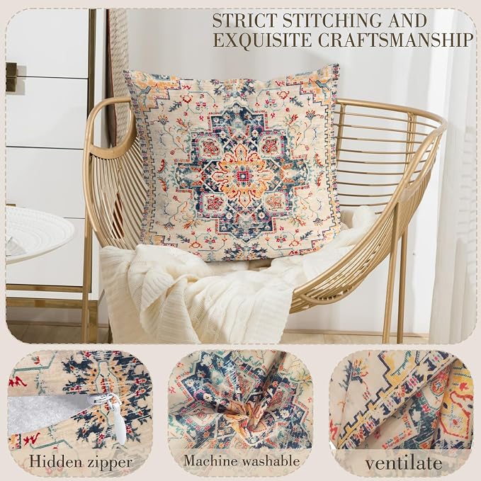Boho Throw Pillow Covers 20x20 inch Set of 2,Bohemian Vintage Carpet Pattern Antique Ethnic Decor Double Sided Pattern Cushion Cover Soft Pillow Case Living Sofa Room Bed Square Pillow Cover