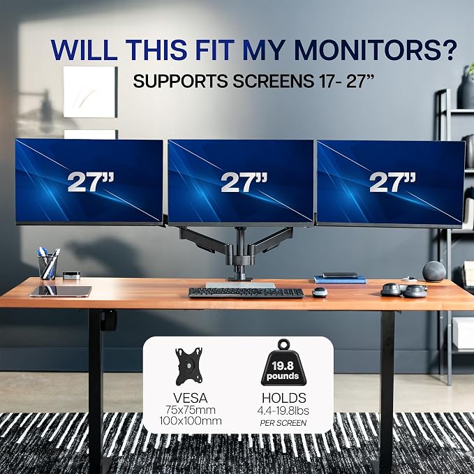 VIVO Triple Monitor Stand, Fully Adjustable Arms for 17 to 27 inch Screens, Mechanical Articulating Desk Mount, Gaming and Office Setups, VESA 75x75, 100x100, Max 19.8 lbs, Classic, Black, STAND-V003O