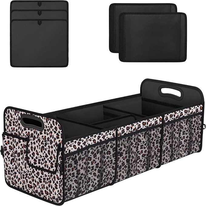 Femuar Collapsible Trunk Organizer - 90L Large Capacity with 15 Pockets, Waterproof for SUV/Car/Jeep/Sedan, Extra Large Leopard Print
