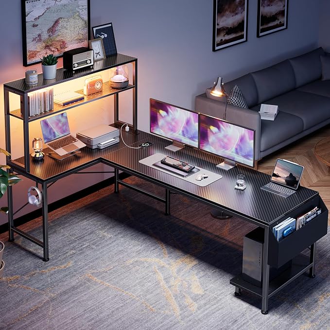PRAISUN L Shaped Gaming Desk with LED Lights & Power Outlets, Reversible Computer Desk with Storage Shelves & Bag, Large Corner Home Office Desk with Pegboard for Work from Home, Carbon Fiber Black