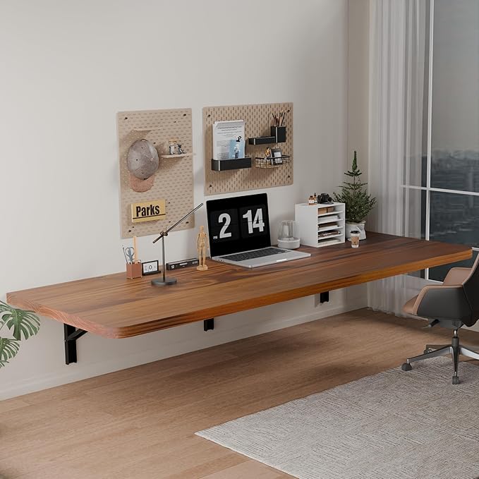 IAE Floating Wall Mounted Folding Table Desk with Pine Wood,60" x 22" Foldable Workbench,Fold Down Wall Mounted Foldable Desk with Shelf Brackets,Laundry Folding Table for Home,Dining,Kitchen,Teak