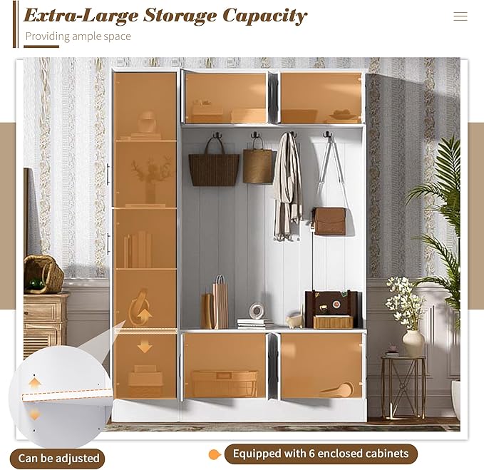 79-inch Modern Hall Tree with Shoe Storage - 4-in-1 Entryway Organizer with 6 Storage Cabinets, 4 Coat Hooks & Adjustable Shelf for Hallway, Living Room (White)
