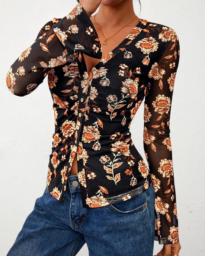 BTFBM Button Down Shirts for Women 2026 Fall Boho Tops V Neck Long Sleeve Blouses Ruched Mesh Fitted Fashion Clothing