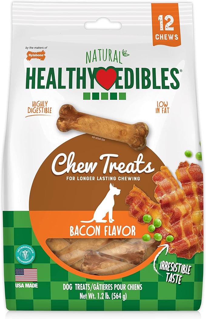 Nylabone Healthy Edibles Natural Dog Chews Long Lasting Bacon Flavor Treats for Dogs, Small/Regular (12 Count)