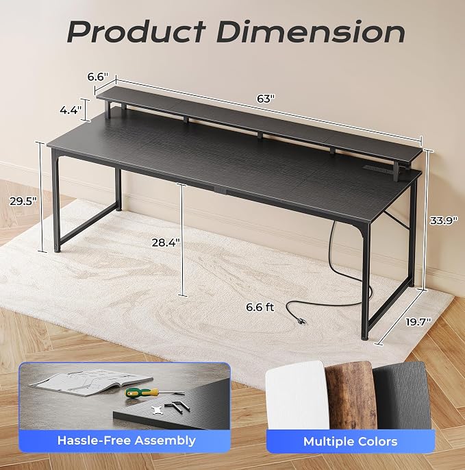 PRAISUN 63 inch Gaming Desk, LED & Power Outlets, Monitor Stand, Black | Sturdy PC Desk for Home Office, Study & Work, LED Lights, 4 AC Outlets & USB-C Charging Station