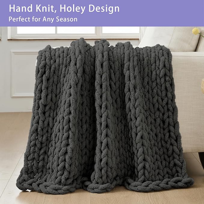 Bigacogo Chunky Knit Throw Blanket for Couch, 40x40 inches, Dark Grey | Hand Knit with Jumbo Chenille, Soft Breathable Cable Knit for Sofa Bed Living Room, Machine Washable, Gift for Mom Friend