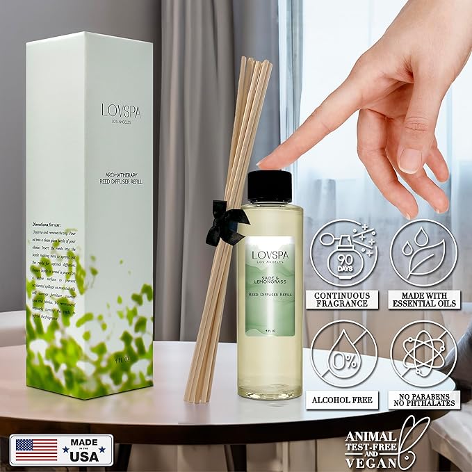 LOVSPA Sage & Lemongrass Diffuser Oil - Luxury Essential Oils for Diffuser Refill & Air Freshener Room Spray - Long-Lasting & Natural Home Fragrance, Scented Oil for Diffusers, USA Made, 4oz