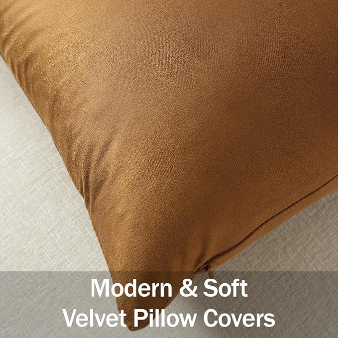 Throw Pillow Covers 16x16 Golden Brown: Pack of 2 Cozy Soft Velvet Square Modern Luxury Decorative Throw Pillow Cases for Sofa Couch Living Room Bed Home Decor