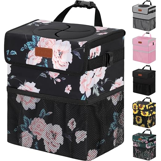 Vankor 4.2 Gallons Car Trash Can with Lid, Bag Bin Hanging Waterproof Automotive Car Garbage Cans Leak Proof Vehicle Trash Can for Truck SUV,Black Floral