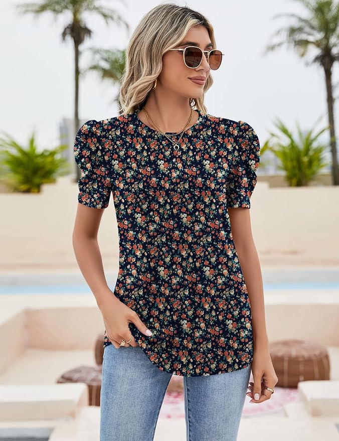Ivicoer Puff Short Sleeve Shirt for Women Eyelet Tops Summer Crewneck Blouse Loose Fit S-XXL