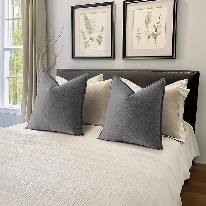 MIULEE Pack of 2 Grey Euro Shams Chenille Pillow Covers 24x24 Inch | Decorative Soft Couch Throw Pillows,Farmhouse Cushion Covers,Elegant Design for Sofa,Bed,Living Room,Summer Decor