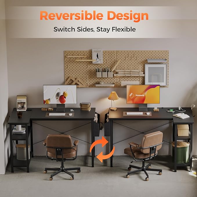 Mericonia 39 inch Corner Desk with Shelves, Small L Shaped Gaming Desk | Reversible Computer Desk with Power Outlets & Storage Bag, Office Table for Home Bedroom Study Work Writing