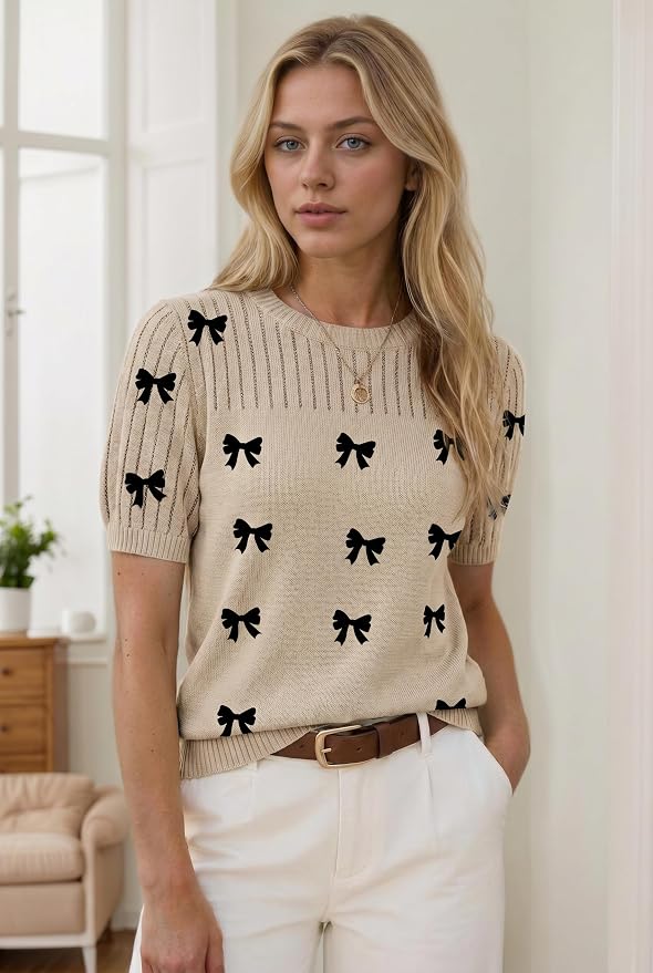 Zeagoo Women's Short Sleeve Sweater Tops 2026 Spring Summer Crew Neck Hollow Out Blouses Dressy Business Casual Outfits
