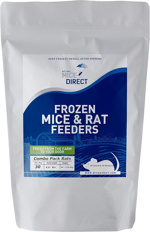 MiceDirect 30 Frozen Rat Combo Pack 15 Small and 15 Medium Feeders Snake Food (4.5-8 in)(Pack of 30)(1800 Grams Min)