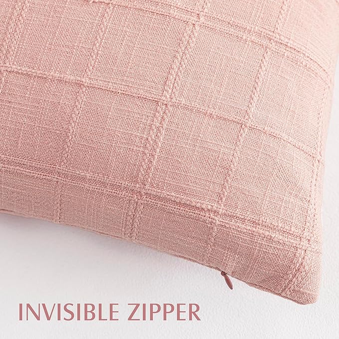 Foindtower Set of 2 Decorative Linen Check Throw Pillow Covers Neutral Farmhouse Vintage Cushion Covers Modern Boho Accent Home Decor for Sofa Chair Couch Bedroom Living Room,16×16 Inch,Light Pink