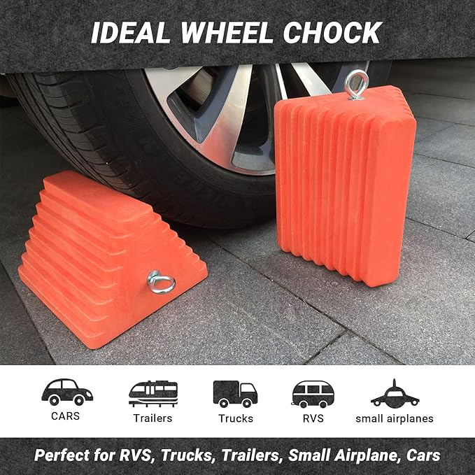 HOXWELL Premium 4 pcs Heavy Duty Wheel Tire Chocks, Vehicle Chocks with Eyebolt for Travel Trailers, Camper, Truck, Car and ATV 4 Pack, Orange