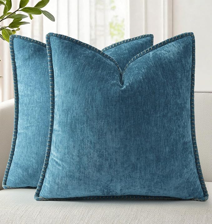 decorUhome Soft Chenille Throw Pillow Covers 16x16 Set of 2 Teal | Fall Textured Decorative Throw Pillow Cases Stitched Edge Modern Farmhouse Luxury Boho Velvet for Couch Sofa Bed Home Decor