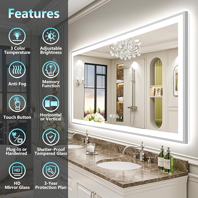 72x32 Brushed Nickel LED Bathroom Mirror with Lights, Sliver Framed Backlit and Front Lit Anti-Fog Lighted Vanity Mirrors for Bathroom Wall, Dimmable, 3 Colors, Memory, Tempered Glass, CRI＞90