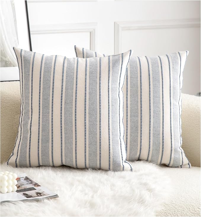 Cethom Decorative Boho Throw Pillow Covers, Farmhouse Textured Pillow Case, 22 x 22 Inch Set of 2, Chair Sofa Bedroom Living Room Home Decor Couch Cushion Case, Classic Blue and Beige Striped