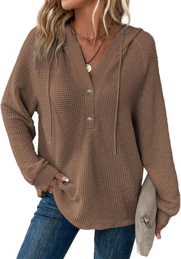 Dokotoo Hoodies for Women Waffle Knit Long Sleeve Drawstring Button V Neck Casual Sweatshirt Hooded Tops Fashion Clothing