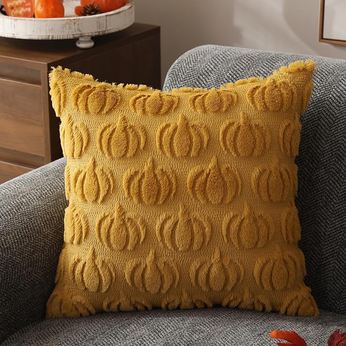 DFXSZ Fall Pillow Covers 18x18 2Pcs Yellow Pumpkin Fall Decoration for Home | Fall decor Set of 2 Throw Pillow Cases Soft Plush Faux Fur Wool Couch Cushion for Chair Sofa Bedroom Living Room Home Decor