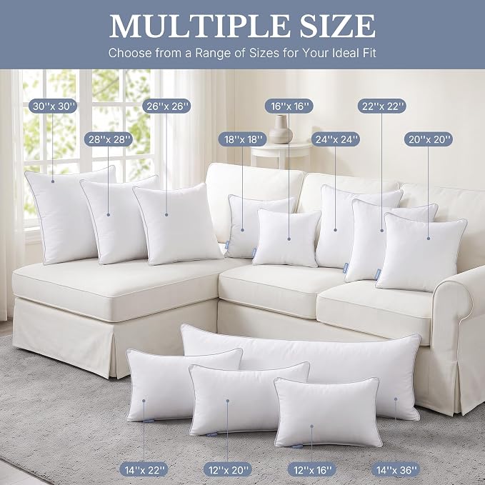 Leeden 26x26 Pillow Inserts Set of 2-26 Inch Oversized Pillow Insert, Soft Fluffy Square Cushion Forms for Bed & Couch, White Decor Insert Pair