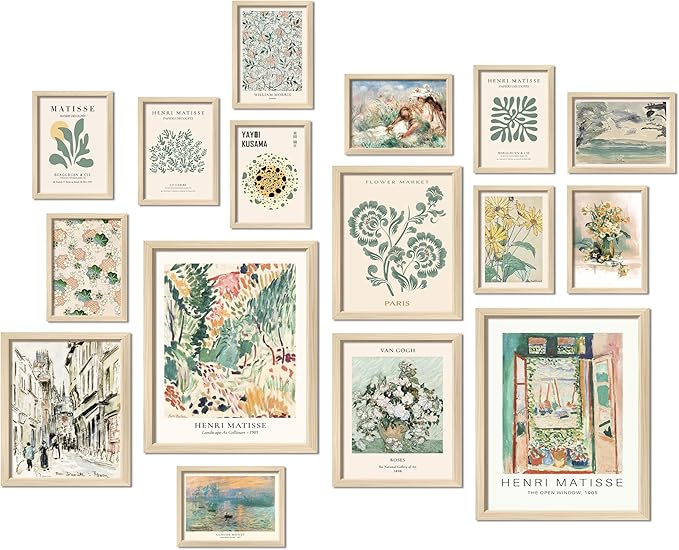 16 PCS Framed Sage Green Wall Art Decor, Matisse Wall Prints for Bedroom, Gallery Wall Frame Set, Abstract Posters for Living Room Aesthetic, Collage Kit Pictures, Boho Dorm Home Decor