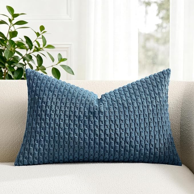 Kevin Textile Soft Corduroy 14"x20" Lumbar Pillow Cover 1 Pack, Blue | Boho Stripe Plush Corduroy Decorative Oblong Cushion Cover Modern Farmhouse Home Decor for Sofa Couch Bed Chair