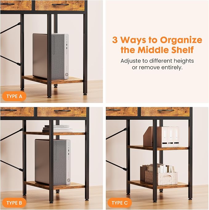 Sweetcrispy 55" Computer Desk with 6 Fabric Drawers & Storage Shelves | Reversible Gaming Desk, Office Desk, Computer Workstation, Corner Desk with Storag, Home Office, Living Room, Rustic Brown