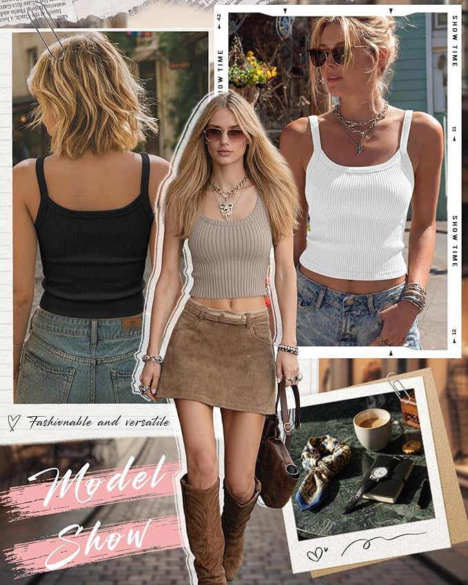 Ficerd 3 Pack Women's Tank Tops 95% Cotton Spaghetti Strap Ribbed Crop Camisole Slim Fitted Basic Summer Sleeveless Layer