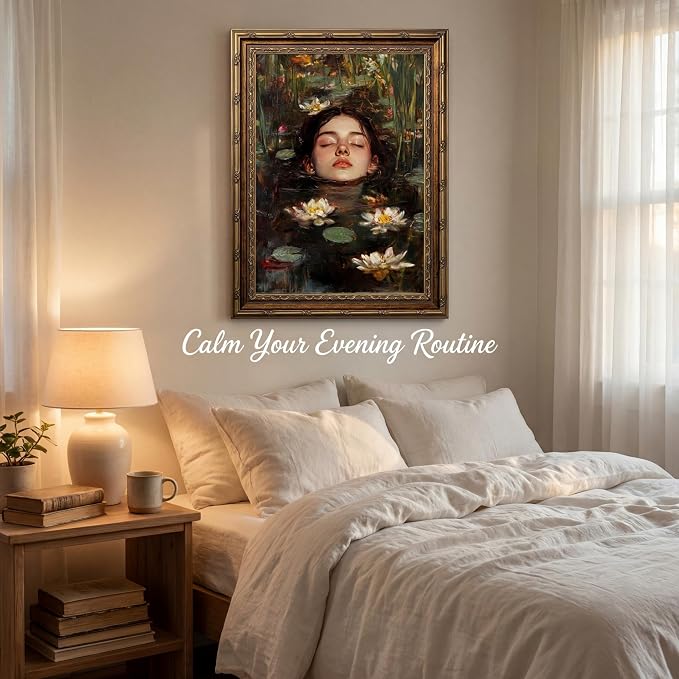 Vintage Gold Framed Gothic Wall Art, Ophelia Inspired Woman Portrait Print | Dark Academia Romantic Victorian Oil Painting Canvas Print Picture Wall Decor for Living Room Bedroom Office, 16x24 Inch
