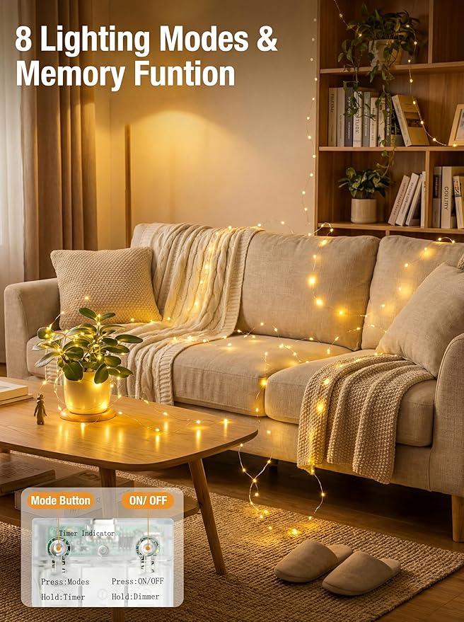 btfarm 8 Pack Fairy Lights Battery Operated with Timer, 16.4 FT 50 LED Twinkle String Lights 8 Modes Dimmable Waterproof Silver Wire for Indoor Christmas Bedroom Wedding Decorations, Warm White