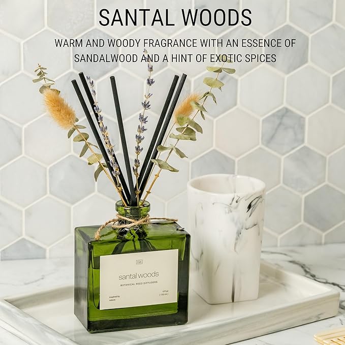 Craft & Kin Reed Diffuser with Dried Flowers | 5 oz Santal Woods Scented Reed Diffusers for Home, Bathroom | Scent Sticks | Elegant Fragrance Home Decor for Men & Women