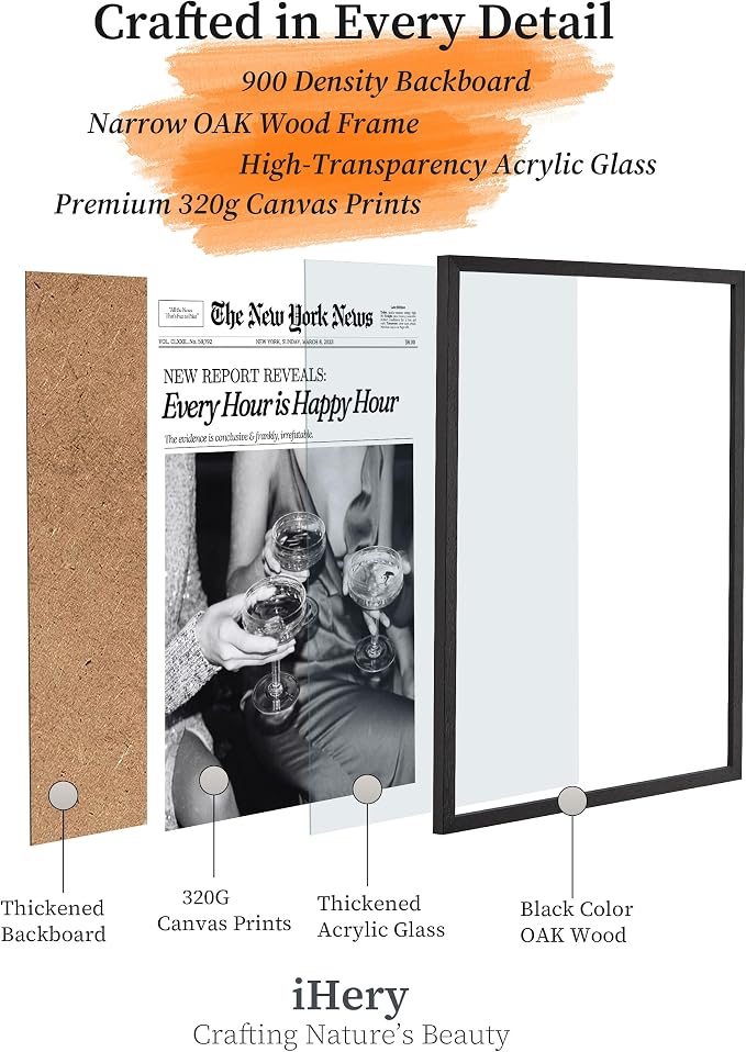 iHery Small 8x10in Every Hour Is Happy Hour Framed Newspaper Wall Art | Black Natural OAK Wood Frame with Canvas Print, Retro Decor for Bedroom, Girl Dorm, Living Room and Gallery Wall, 1Pack