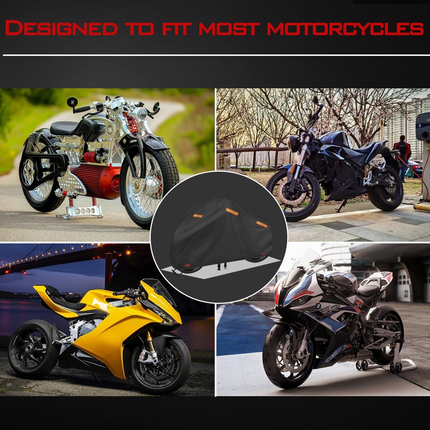 Motorcycle Cover, Heavy Duty 600D Oxford, Waterproof Outdoor, Weather Resistant, Rip-Proof, Anti-UV with 5 Reflective Strips, 2 Lock-Holes, 1 Windproof Strap, 1 Storage Bag (97.5" x 41" x 50")