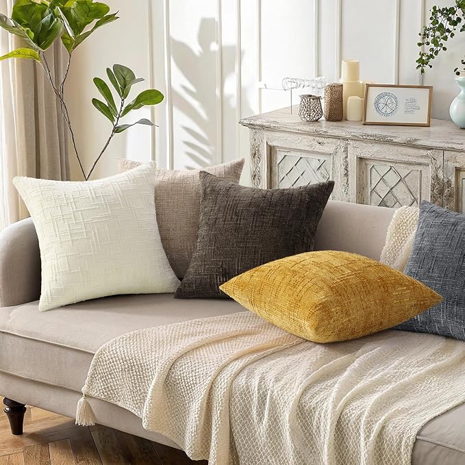 decorUhome Textured Chenille Throw Pillow Covers 12x20 Set of 2 Oatmeal | Fall Modern Farmhouse Soft Cozy Slubby Couch Pillow Cases Boho Decorative Pillow Cases for Bed Sofa Living Room Home Decor