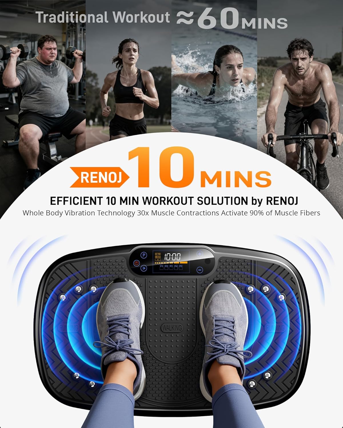 Renoj Vibration Plate Exercise Machine - Full Body Workout Vibrating Platform with LED Display, Speaker & 2 Bands | Black