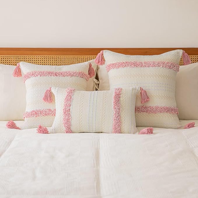 BUIOVBEY Boho Throw Pillow Covers Woven Tufted Pillow Cases with Tassels | Farmhouse Pillows Covers 18x18 Set of 2 Textured Striped Cushion Case Neutral Decorative Pillowcase for Sofa Couch Bed Pink