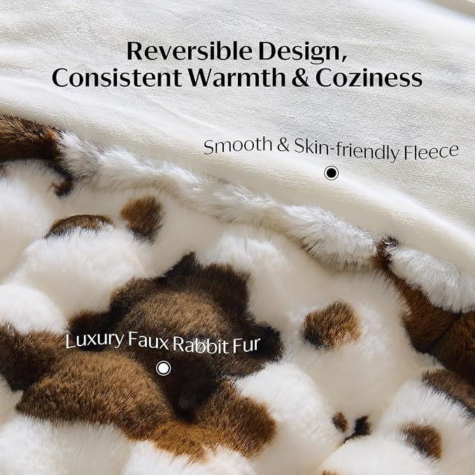 DOWNCOOL Large Faux Rabbit Fur Throw Blanket, Soft Fluffy Fuzzy Plush Bubble Blanket for Couch Sofa & Bed, Cozy Warm Luxury Fleece Minky Blanket, 90x90 Inches Cow Print-Brown