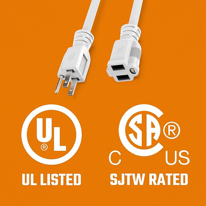 Heavy Duty Extension Cord/Wire Power Cable, Indoor/Outdoor, 16/3, Single Outlet, 30 Feet, UL Listed, White