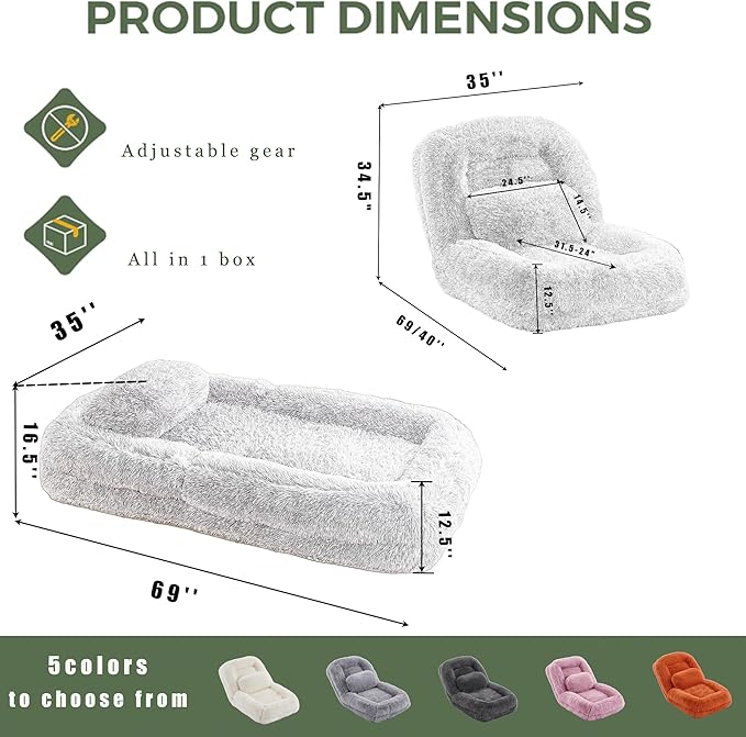Adjustable 5-Position Human Dog Bed for People, Big Comfy Plush Floor Gaming Lazy Sofa Chair with Pillows & Back Support, Foldable Lounge Loveseat Couch for Living Room Bedroom (Light Gray)
