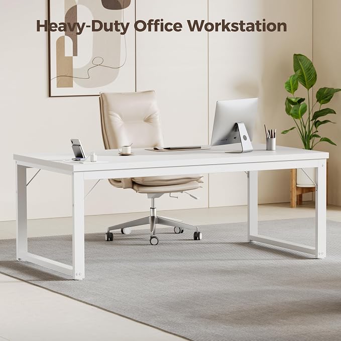 Mericonia 48 Inch Computer Desk with Power Outlets, 1.2" Thick Office Table | Modern Simple Style, Heavy Duty Industrial Frame, Small Study & Writing Table for Home Bedroom Work, White